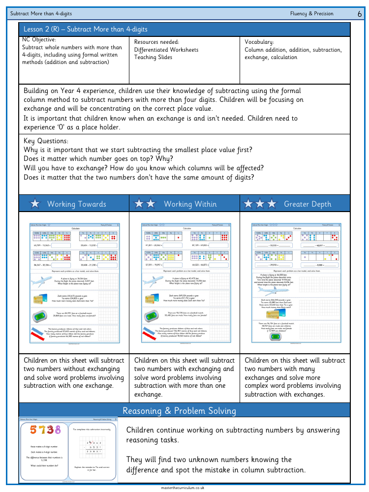 Addition, Subtraction, Multiplication and Division - Subtracting Whole Numbers with more than 4-digits - Worksheet