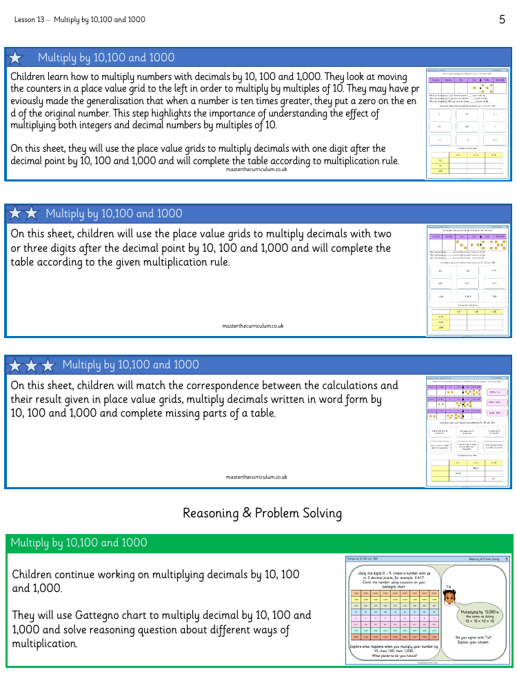 Decimals - Multiply Decimals by 10, 100 and 1,000 - Worksheet