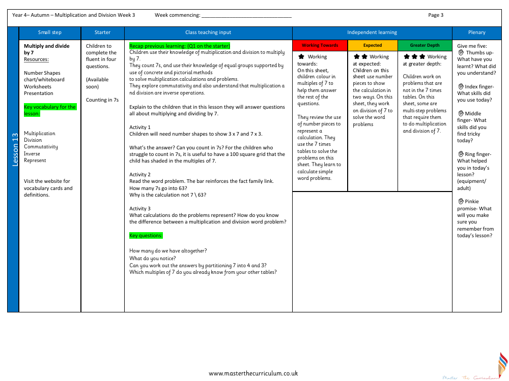 Multiplication and Division - Multiply and Divide by 7 - Planning