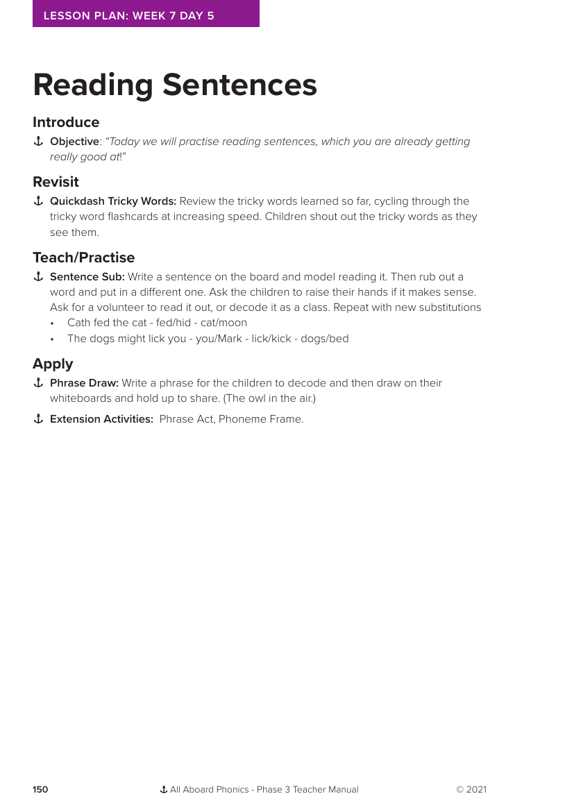 Week 7, lesson 5 Reading sentences -  Phonics Phase 3 - Lesson plan