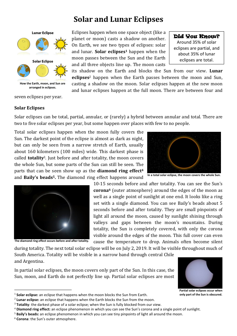 Solar and Lunar Eclipses - Reading with Comprehension Questions