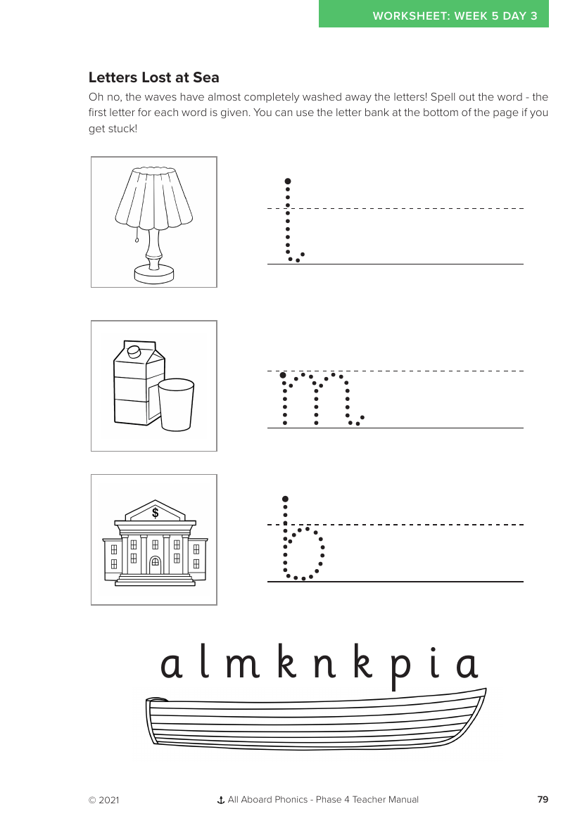 Week 5, lesson 3 Letters Lost at Sea letter formation activity - Worksheet