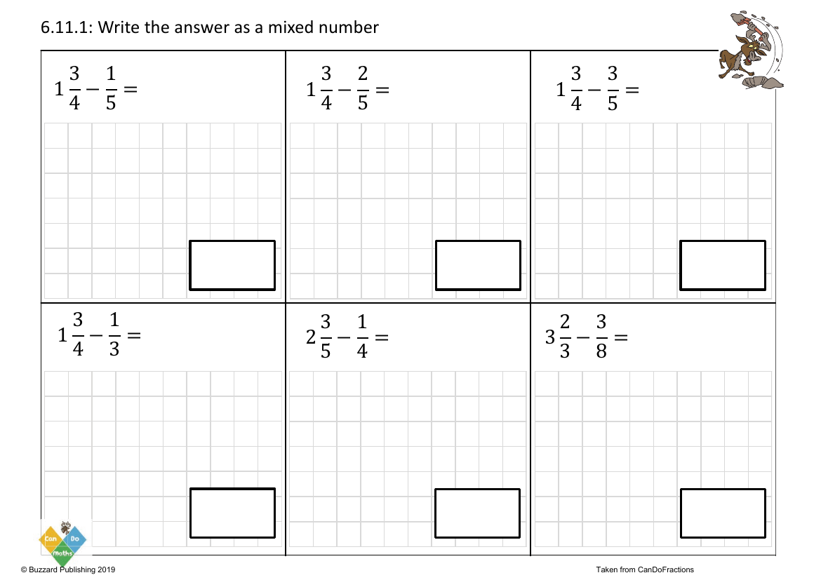 Subtract proper fractions from mixed numbers different denominators (within the whole)