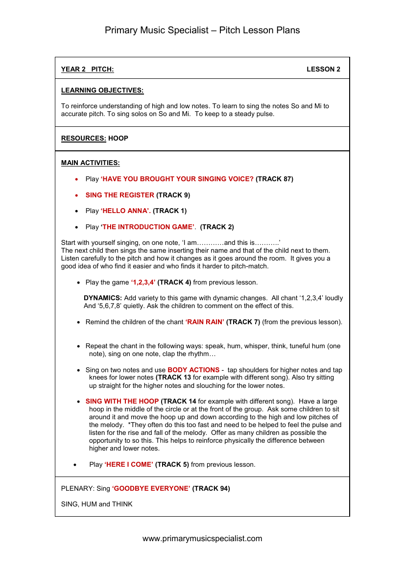 Pitch Lesson Plan - Year 2 Lesson 2