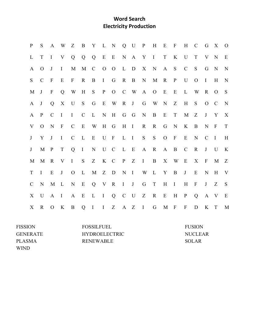 Electricity Production - Word Search