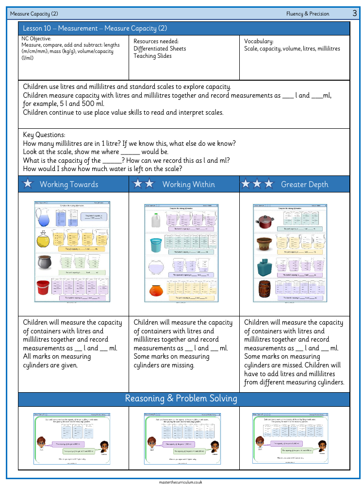 Mass and capacity - Measure capacity 2 - Worksheet