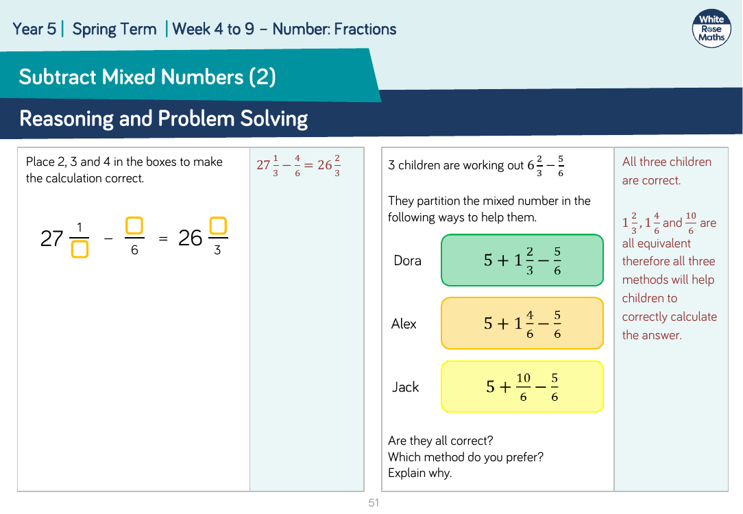 Subtract Mixed Numbers (2): Reasoning and Problem Solving