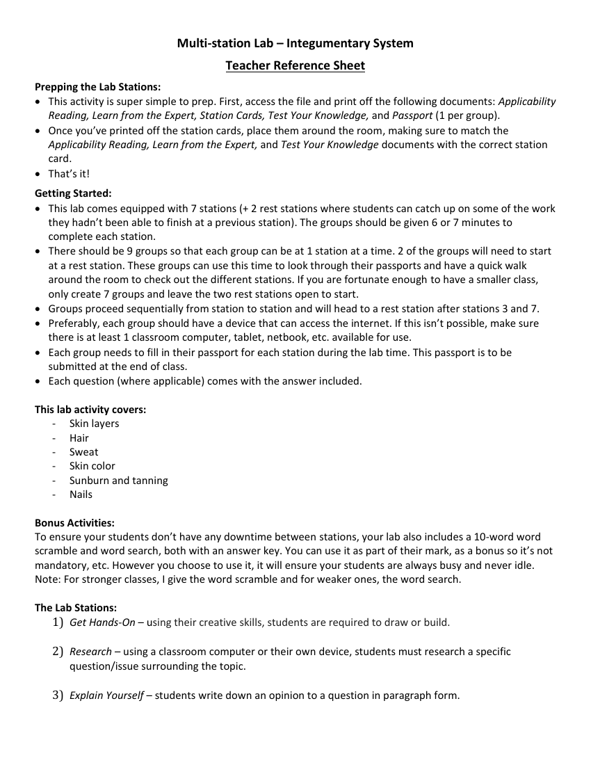 Integumentary System - Activity Instructions