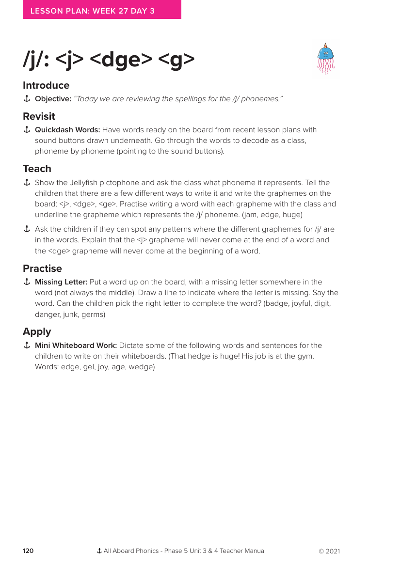 Week 27, lesson 3 Phonemes "j,g,dge" - Phonics Phase 5, unit 3 - Lesson plan