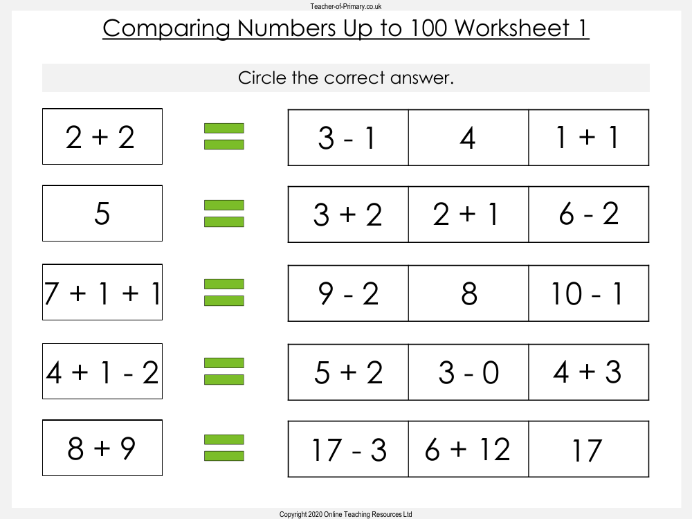 Comparing Numbers Up to 100 - Worksheet