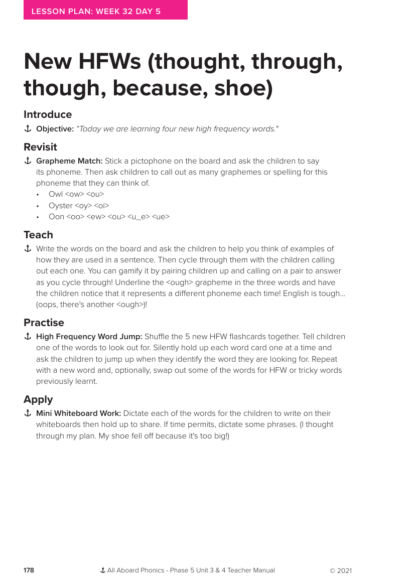Week 32, lesson 5 New High Frequency Words (thought,through,though,because,shoe) - Phonics Phase 5, unit 4 - Lesson plan