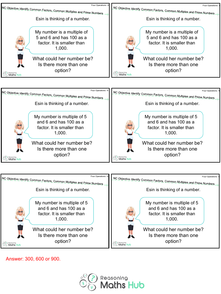 Identify Common Factors, Common Multiples and Prime Numbers - Reasoning