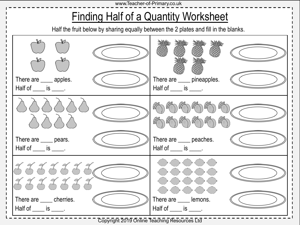Finding Half of a Quantity  - Worksheet