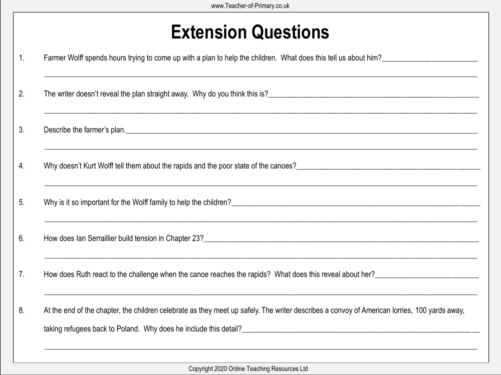 The Silver Sword - Lesson 14 - Extension Questions Worksheet