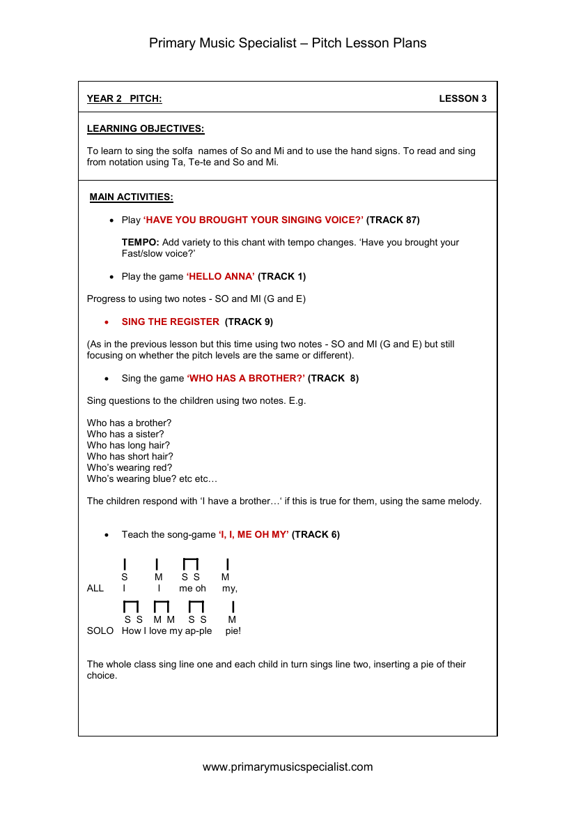Pitch Lesson Plan - Year 2 Lesson 3