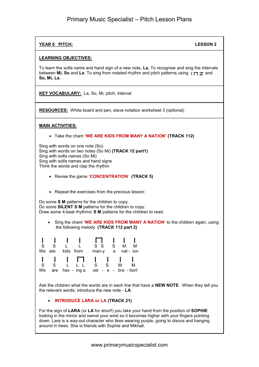 Pitch Lesson Plan - Year 6 Lesson 2