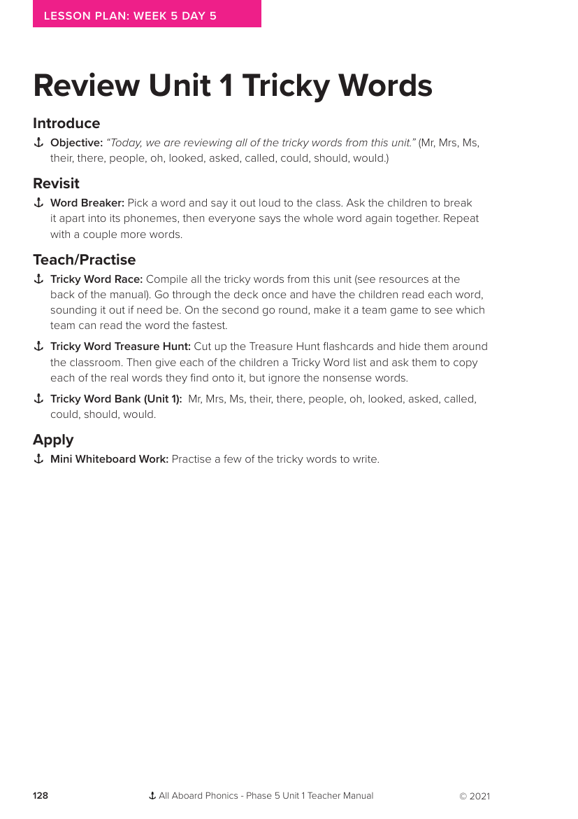 Week 5, lesson 5 Review Unit 1 Tricky Words - Phonics Phase 5, unit 1 - Lesson plan