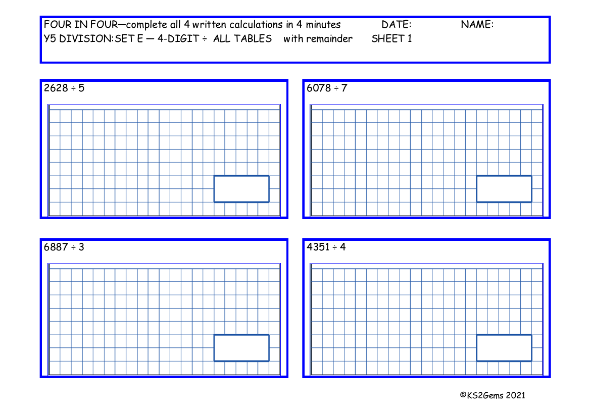 Four in Four Division Set E 4 digit number -  All Tables with remainder