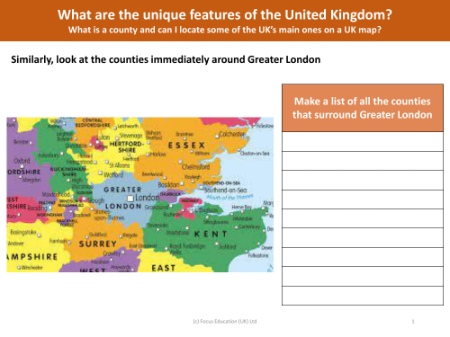 Counties around Greater London - Worksheet - Year 3