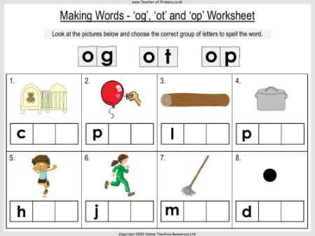 Making Words - 'og', 'ot' and 'op' - Worksheet