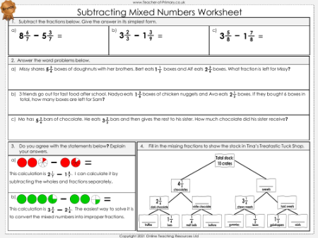 Subtracting Mixed Numbers - Worksheet