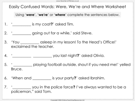 Easily Confused Words - Were, We're and Where - Worksheet
