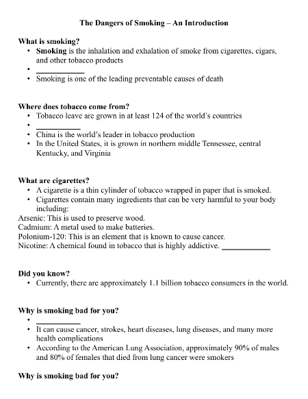 The Dangers of Smoking - Student Lesson Outline