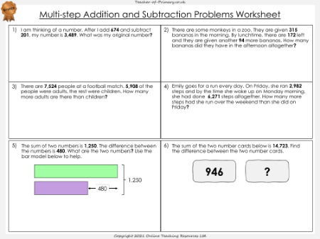 Multi-step Addition and Subtraction Problems - Worksheet