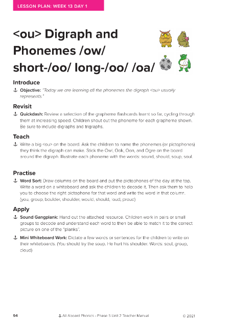 "ou" Digraph and Phonemes "ow", short "oo", long "oo,oa"- Lesson plan 