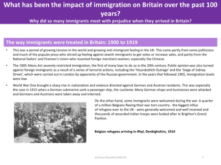 The way immigrants were treated in Britain: 1900 to 1919 - Info sheet