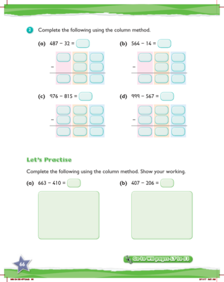 Practice, Subtracting 2- and 3-digit numbers using counting blocks and column method
