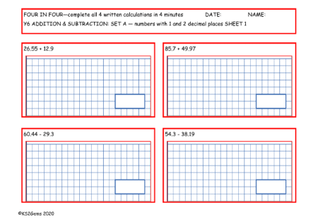 Addition and Subtraction Set A - numbers with 1 and 2 decimal places