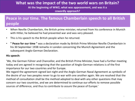 Peace in our time - Chamberlain's speech to the British - World War 1 and 2 - Year 6