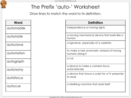 The Prefix 'auto-' - Worksheet