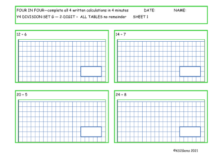  Division Set G 2 digit number - all tables no remainder