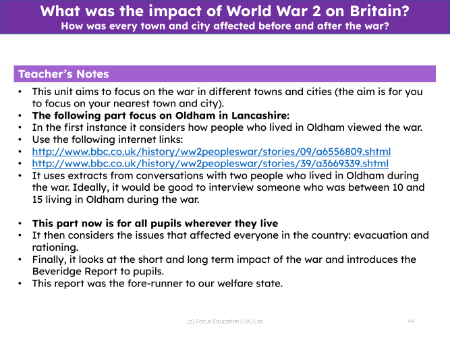 How was every town and city affected during and after the war? - Teacher notes