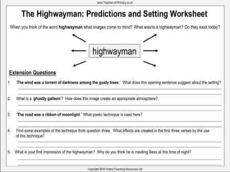 The Highwayman - Lesson 1 - Predictions and Setting Worksheet