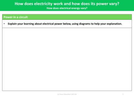 Power in a circuit - Worksheet - Year 6