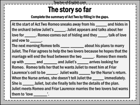 Romeo & Juliet Lesson 21: Got the Plot? - The Story so Far Worksheet