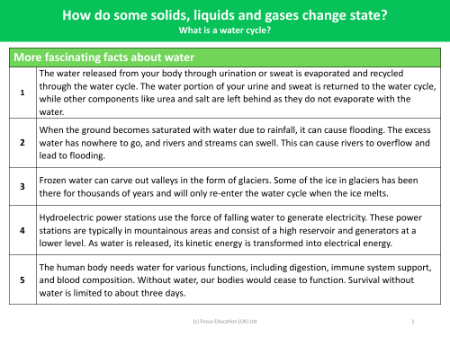 More fascinating facts about water - Fact Sheet - Year 4