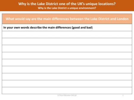 Main differences between London and Lake District - Worksheet - Year 3
