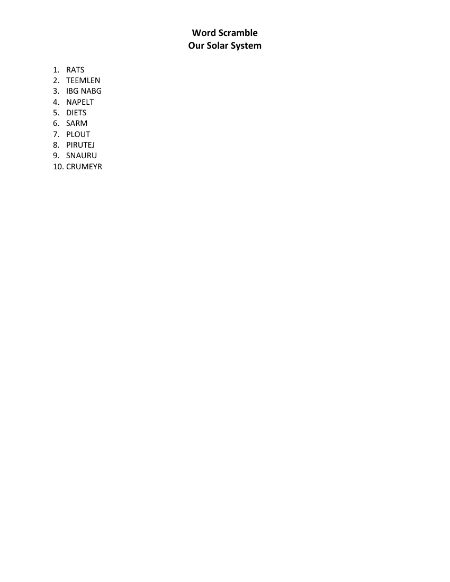 Our Solar System - Word Scramble