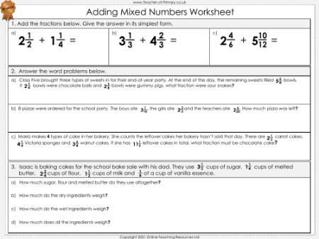 Adding Mixed Numbers - Worksheet