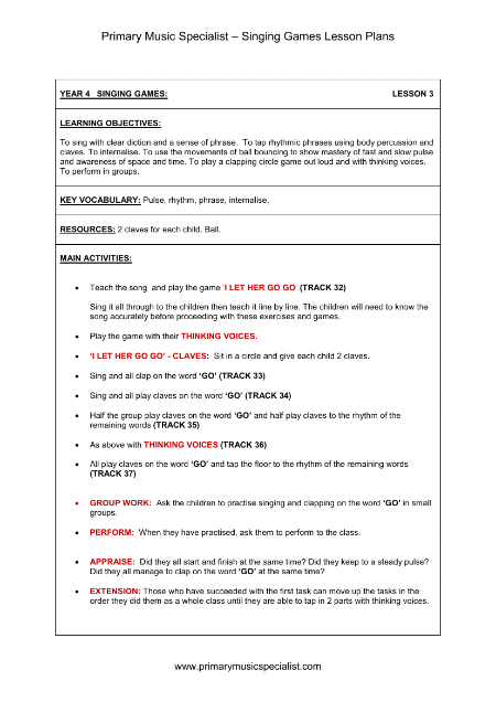 Singing Games Lesson Plan - Year 4 Lesson 3