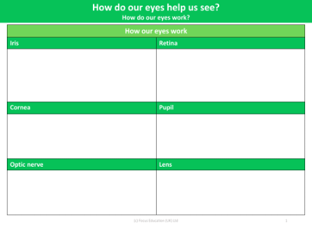 How our eyes work: Different Parts - Worksheet - Year 6