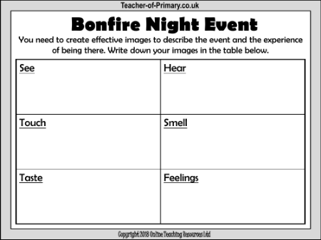 Bonfire Night Non Fiction - Lesson 4 - Bonfire Night Event Worksheet