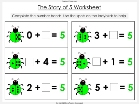 Number Bonds - The Story of 5 - Worksheet