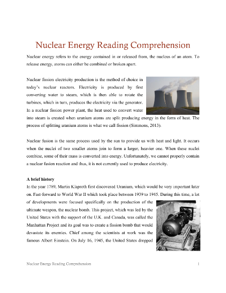 Nuclear Energy Fission and Fusion - Reading with Comprehension Questions 2