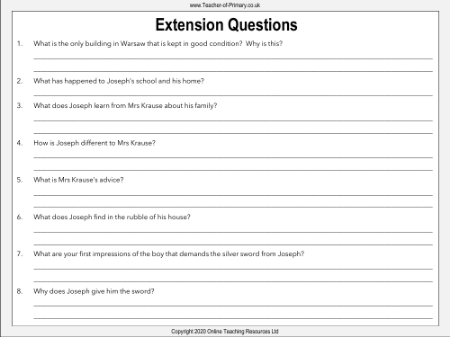 The Silver Sword - Lesson 3 - Extension Questions Worksheet