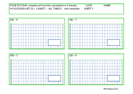  Division Set Q 3 digit number - All Tables with remainder